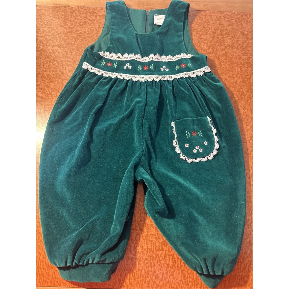 Vtg Green Velvet Baby Romper 100% Cotton 3-6 Month